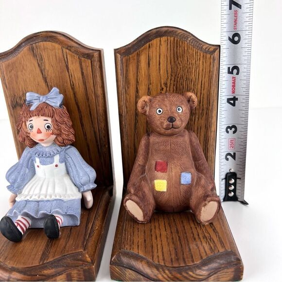 Vintage LEONARD UNRUH Raggedy Ann And Teddy Bear Ceramic And Wood Bookends - Picture 8 of 10